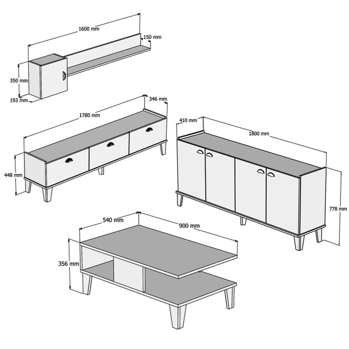 Hanah Home Sumer 3 Conjunto de Muebles de Salón Roble y Blanco